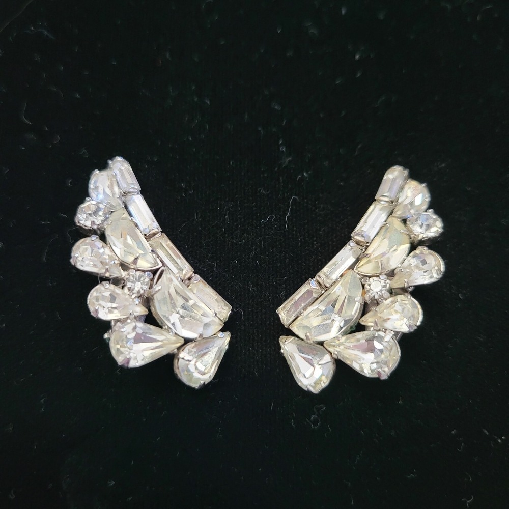 Vintage‎ KRAMER of New York Signed Clear Rhinestone Clip On Angel Wing Earrings